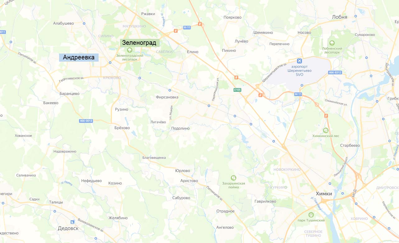 Зеленоград и Андреевка (на карте)